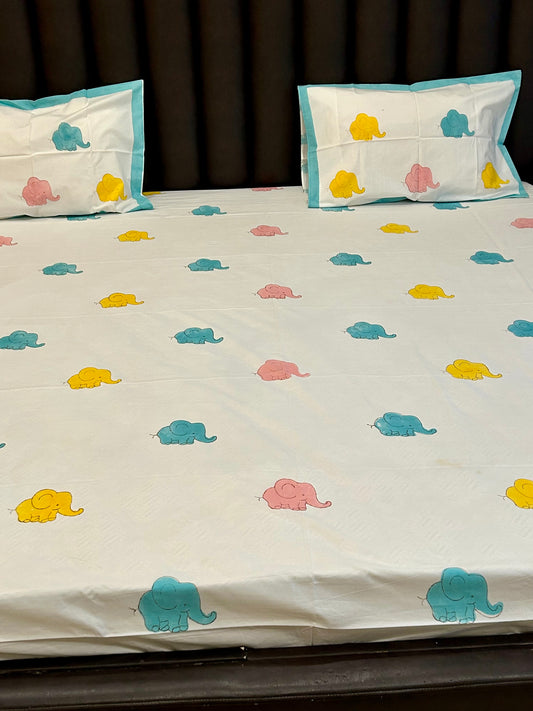 PLAYFUL BABY ELEPHANT HANDBLOCK BEDSHEET