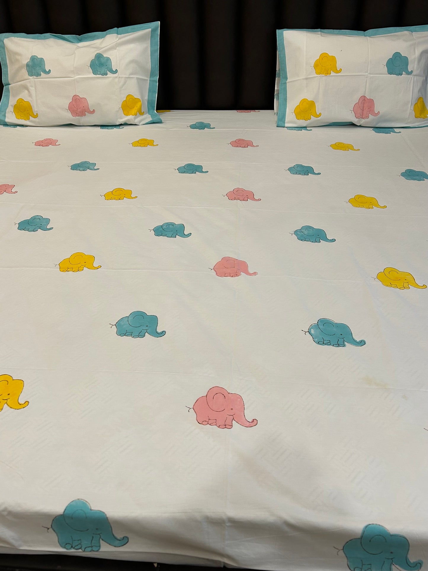 PLAYFUL BABY ELEPHANT HANDBLOCK BEDSHEET