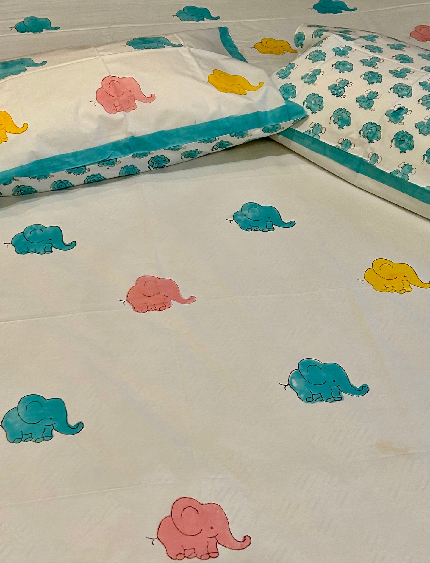 PLAYFUL BABY ELEPHANT HANDBLOCK BEDSHEET