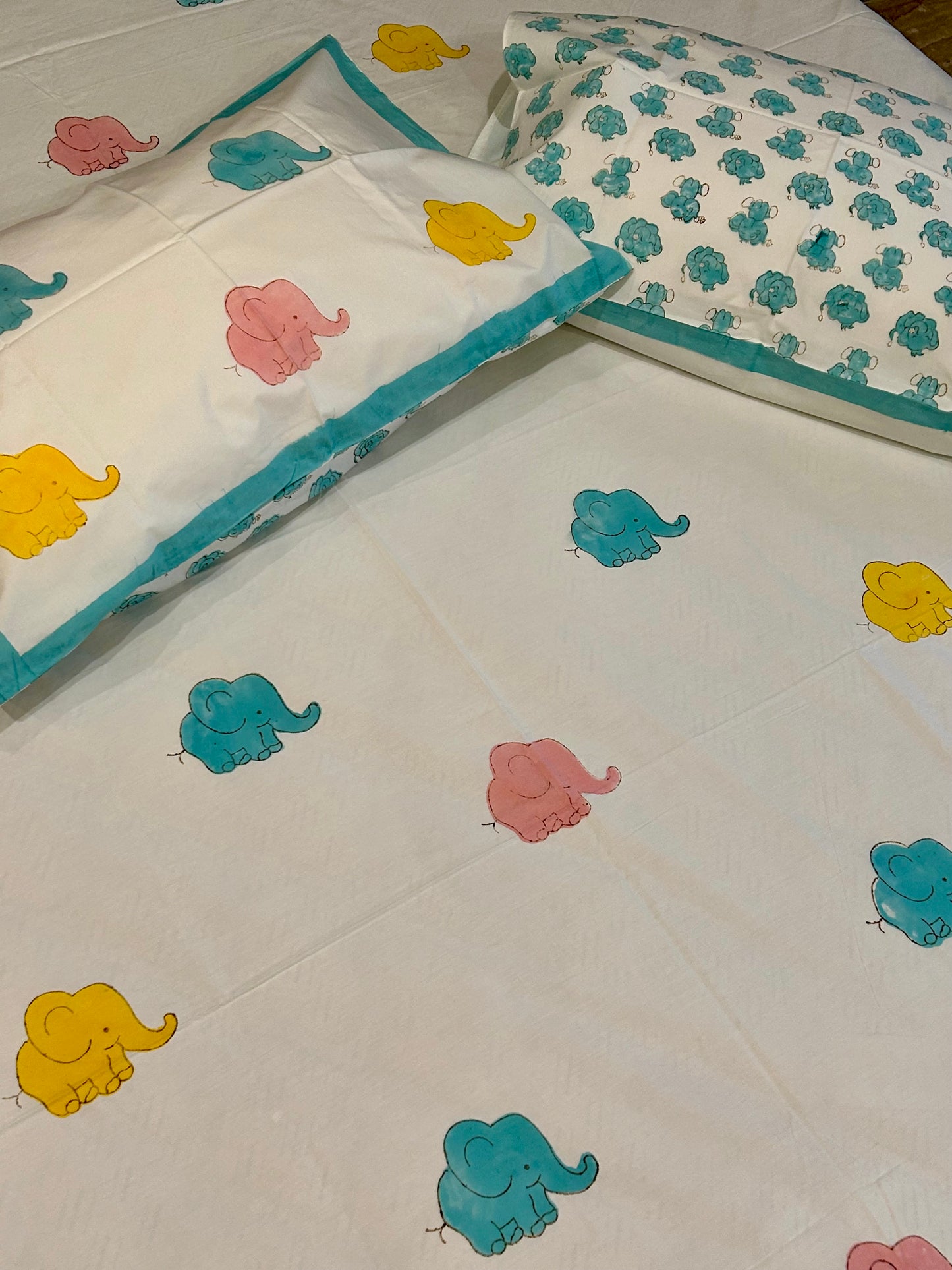 PLAYFUL BABY ELEPHANT HANDBLOCK BEDSHEET