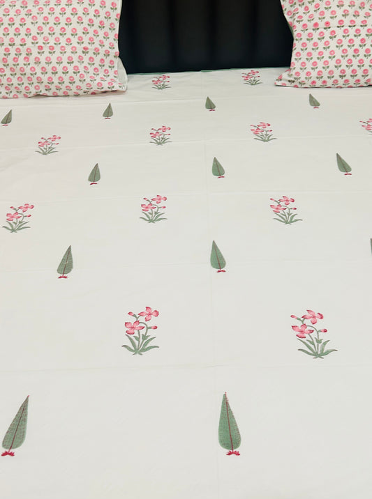 PINK FLORAL PARADISE HANDBLOCK BEDSHEET